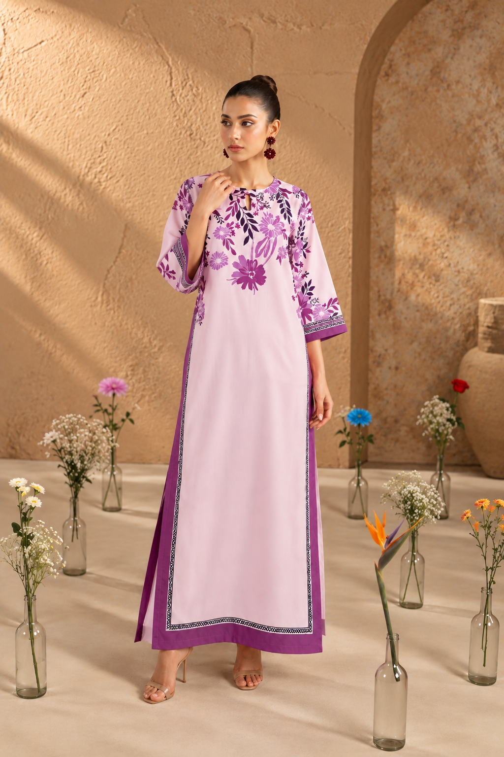 Lavender Bloom – Women's Floral Printed Kurta with Contrast Purple Borders Lavender Bloom – Women's Floral Printed Kurta with Contrast Purple Borders