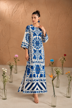 Cobalt Bloom Women's Ivory Kurta with Royal Blue Floral Print