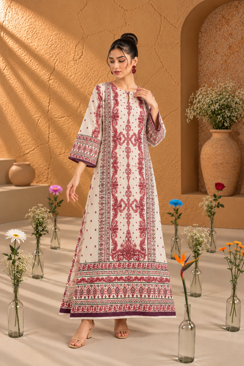 Rosewood Elegance Women's Ivory Kurta with Mauve Ornamental Print Rosewood Elegance Women's Ivory Kurta with Mauve Ornamental Print