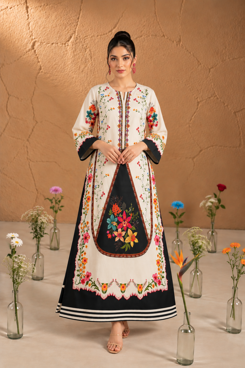 Ivory Garden Women's Floral Printed Kurta with Charcoal Contrast Panels Ivory Garden Women's Floral Printed Kurta with Charcoal Contrast Panels