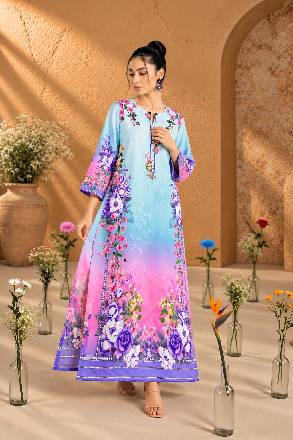 Bring timeless elegance to your wardrobe with the Cobalt Bloom Kurta, featuring a sophisticated ivory base adorned with intricate royal-blue floral motifs and ornamental patterns. The beautifully detailed front panel, coordinated short sleeves, and bold geometric hem create a striking blend of traditional artistry and contemporary style. Pair this statement kurta with navy-blue trousers and ivory khussa shoes for a polished look suitable for casual outings, daytime gatherings, and everyday ethnic wear. Product details - Color: Ivory and royal blue - Pattern: Ornamental floral and botanical print - Neckline: Round neckline - Sleeves: Short sleeves with printed borders - Hemline: Floral border with bold geometric stripes - Style: Pakistani ethnic casual wear - Fit: Straight-cut silhouette - Fabric: To be confirmed from the garment label - Suggested pairing: Navy trousers and ivory flats Bring timeless elegance to your wardrobe with the Cobalt Bloom Kurta, featuring a sophisticated ivory base adorned with intricate royal-blue floral motifs and ornamental patterns. The beautifully detailed front panel, coordinated short sleeves, and bold geometric hem create a striking blend of traditional artistry and contemporary style. Pair this statement kurta with navy-blue trousers and ivory khussa shoes for a polished look suitable for casual outings, daytime gatherings, and everyday ethnic wear. Product details - Color: Ivory and royal blue - Pattern: Ornamental floral and botanical print - Neckline: Round neckline - Sleeves: Short sleeves with printed borders - Hemline: Floral border with bold geometric stripes - Style: Pakistani ethnic casual wear - Fit: Straight-cut silhouette - Fabric: To be confirmed from the garment label - Suggested pairing: Navy trousers and ivory flats
